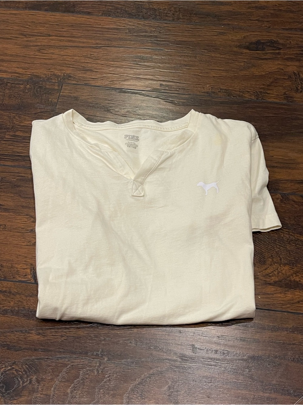 PINK Victoria's Secret Cream Short-Sleeve V-Neck Campus Tee with White Dog Logo